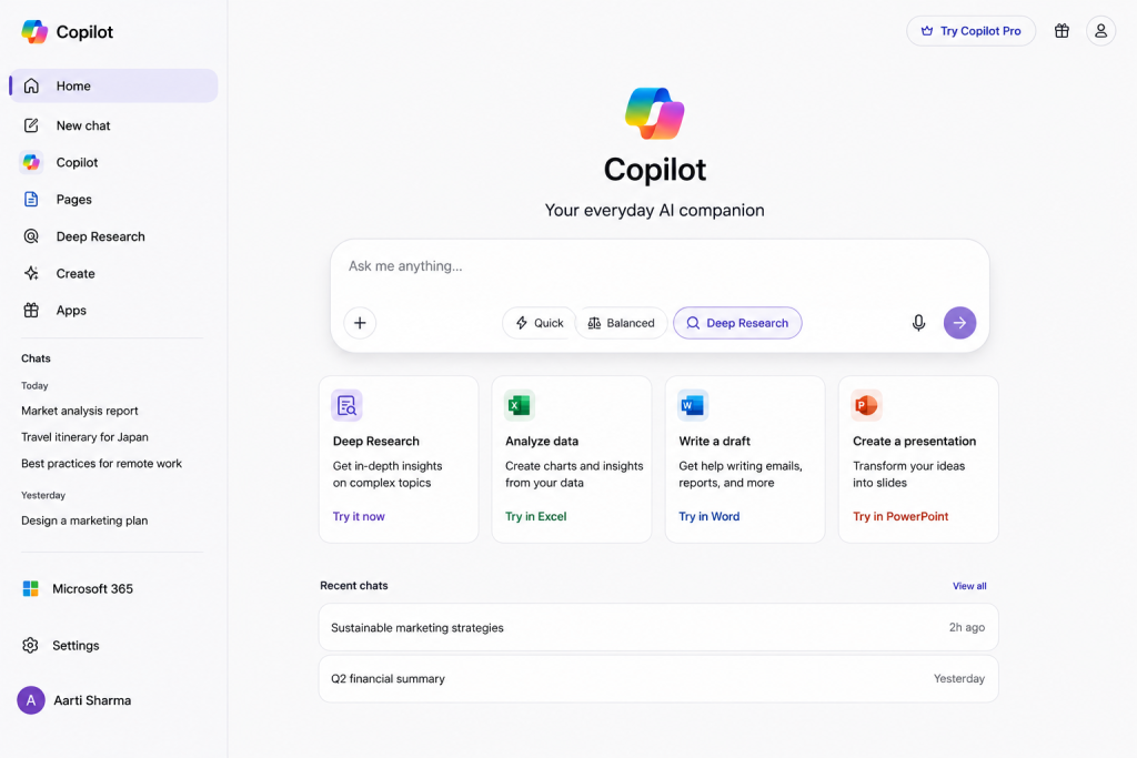 Microsoft Copilot Deep Research interface