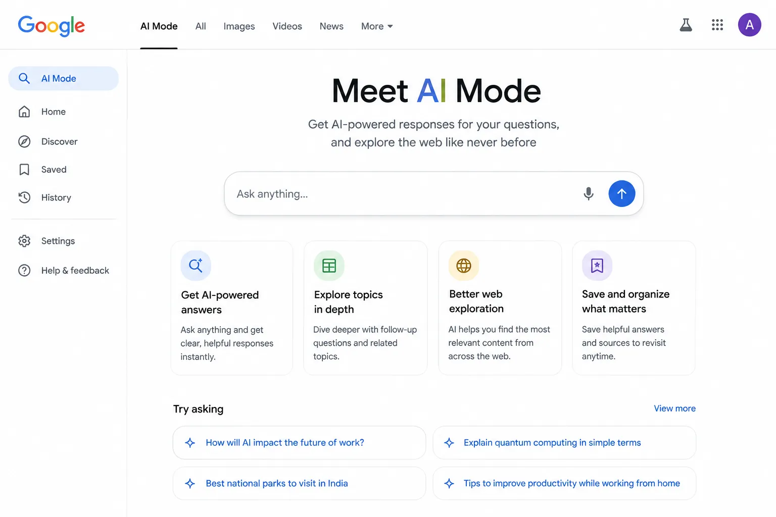 Google AI Mode search interface