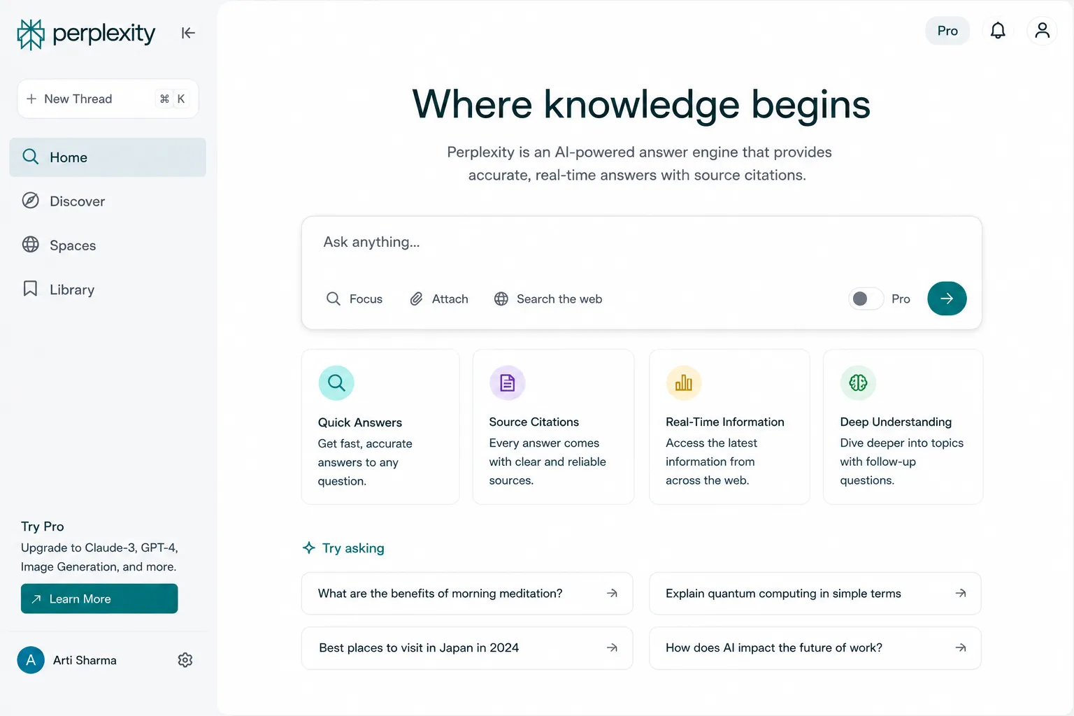 Perplexity AI research tool interface