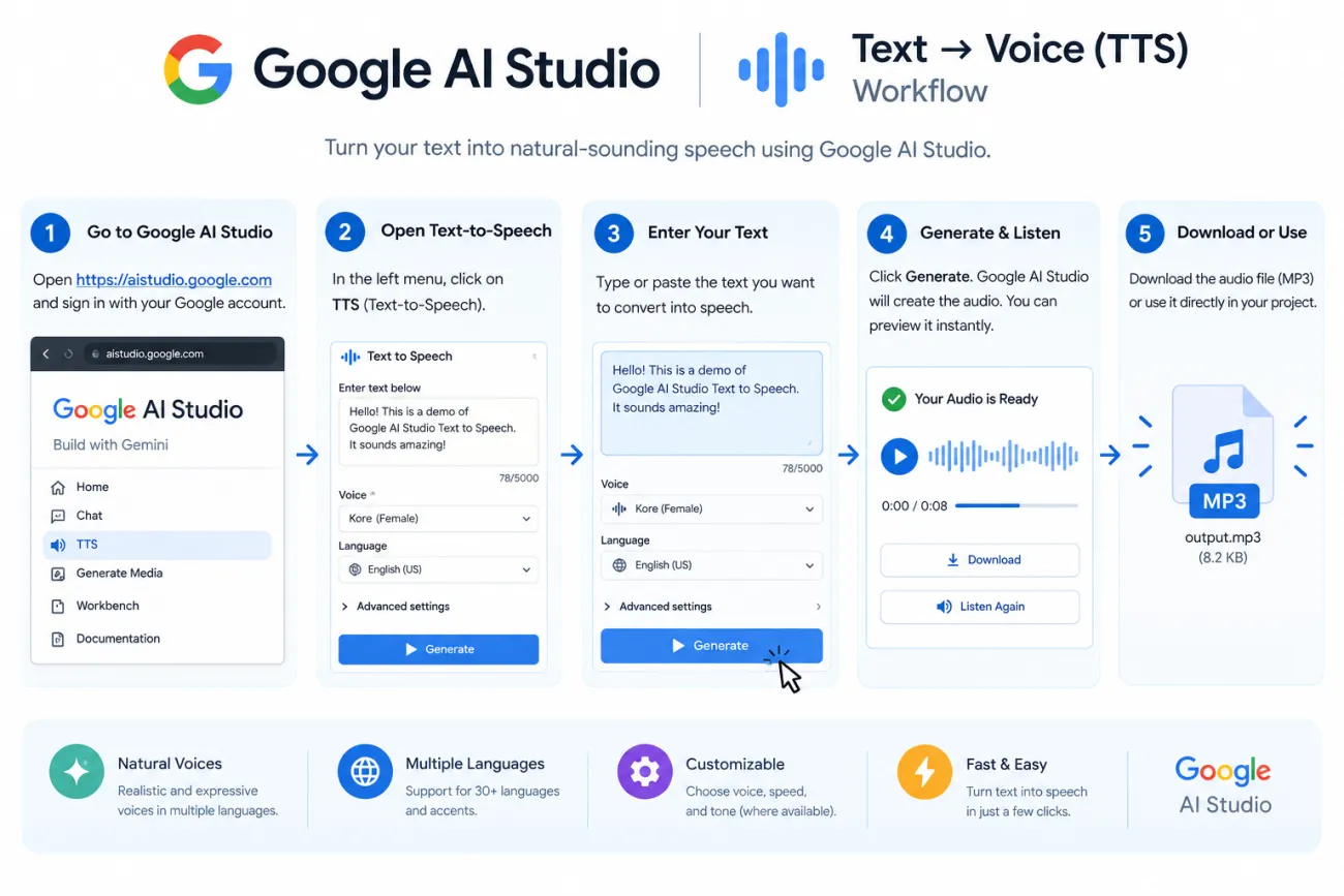 Google AI Studio TTS workflow text → voice process