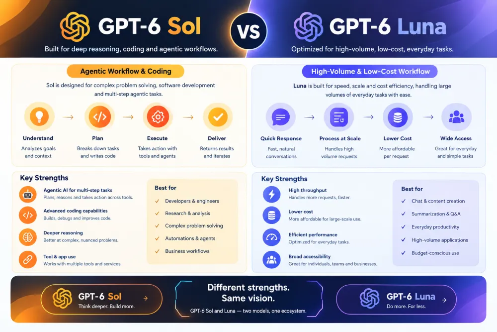 Sol vs Luna comparison infographic — coding/agentic workflow vs high-volume/low-cost workflo
